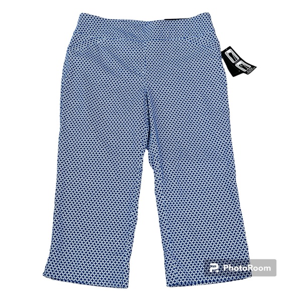 Kim Rogers Blue White Print Super Stretch Capri Pants Tummy Panel Womens Size 12 - Picture 1 of 13
